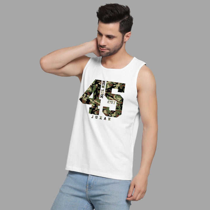Juxar men's white camo print muscle shirt with number 45 design and sleeveless fit