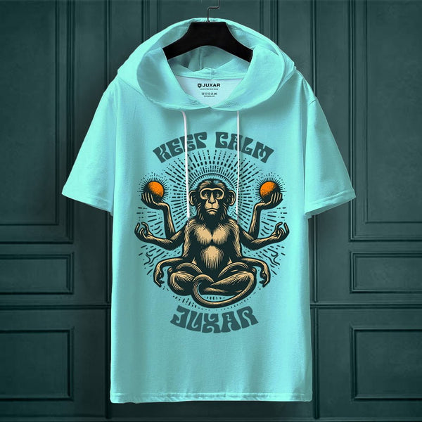Juxar mint oversized hooded tee with four armed monkey graphic and Keep Calm slogan casual baggy hooded oversized t shirt
