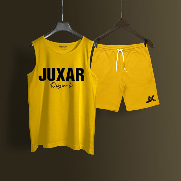 Juxar yellow casual cord set with sleeveless tank top and drawstring shorts