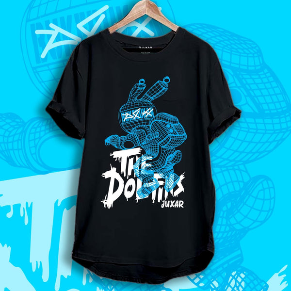 Juxar black casual cotton longline t shirt with blue graffiti robot print and white lettering on hanger