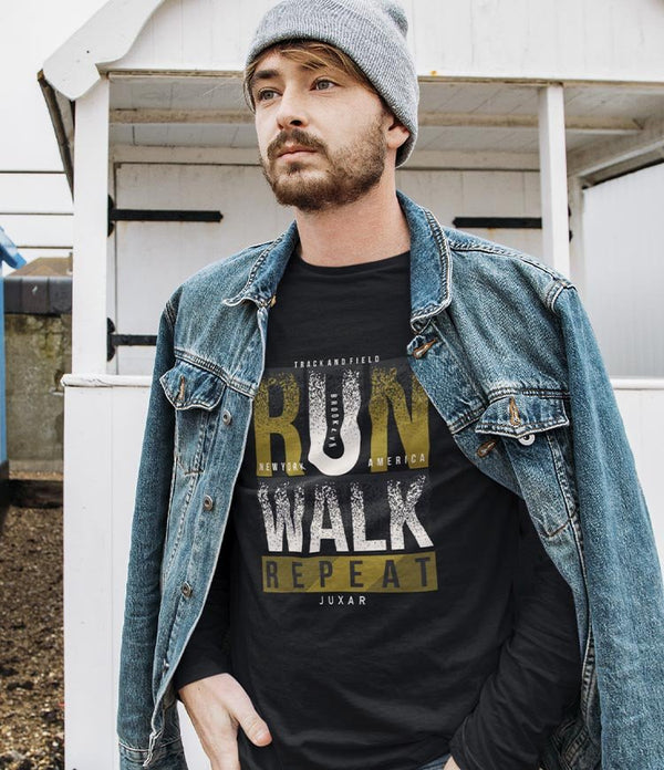 Juxar casual printed long sleeve t shirt black with RUN WALK REPEAT graphic model wearing denim jacket and beanie