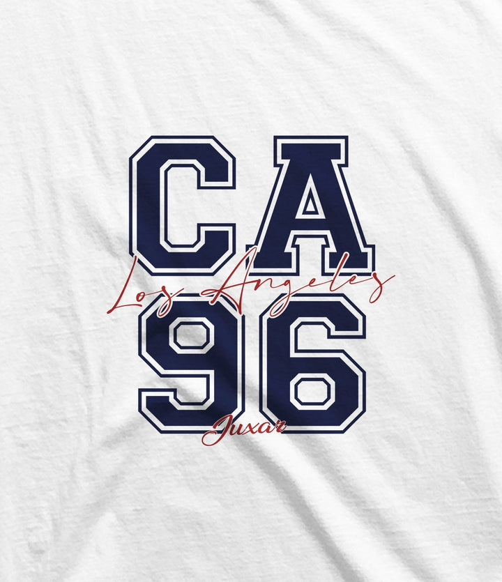 Juxar men's white casual sando for summer with navy blue CA 96 Los Angeles print