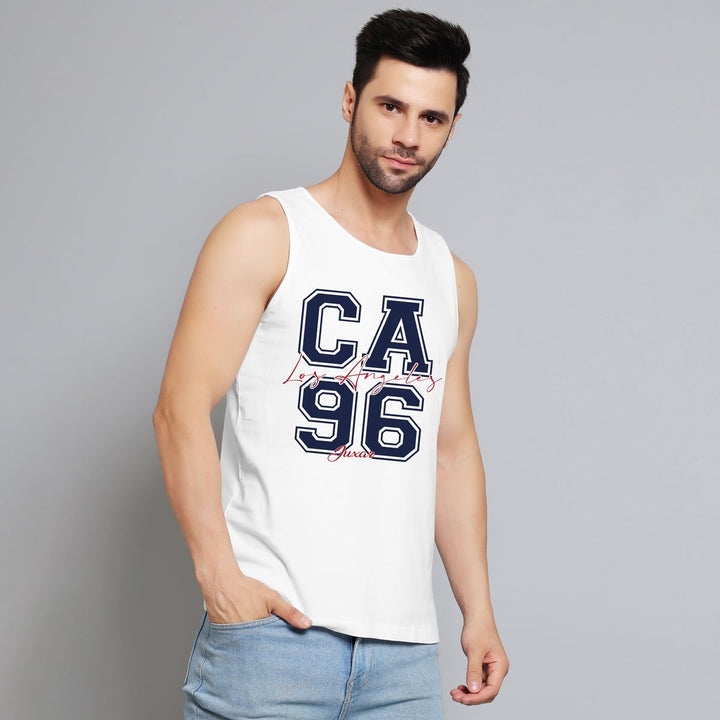 Juxar mens white casual sando for summer with CA 96 graphic and blue jeans