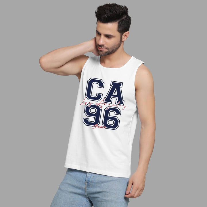Juxar men's white casual sando for summer with CA 96 graphic print paired with light blue jeans