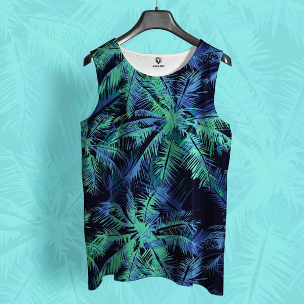 Juxar men's casual sando with blue and green palm leaf pattern on a black background