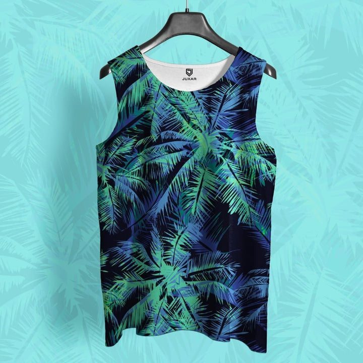 Juxar men's casual sando with blue and green palm leaf pattern on a black background