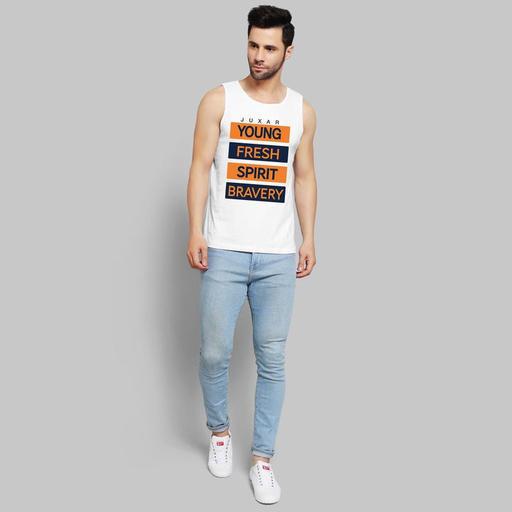 Juxar men's casual street style tank in white with motivational text paired with light blue jeans and white sneakers
