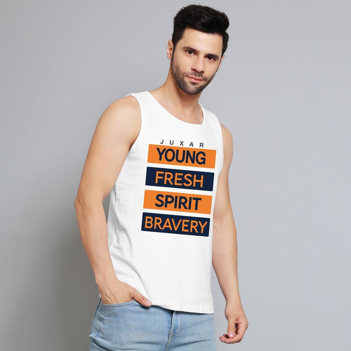Juxar men's white casual street style tank with young fresh spirit bravery text print