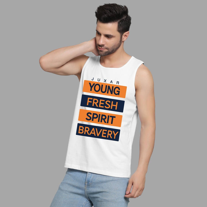Juxar mens casual street style tank in white with bold orange and navy graphic text design