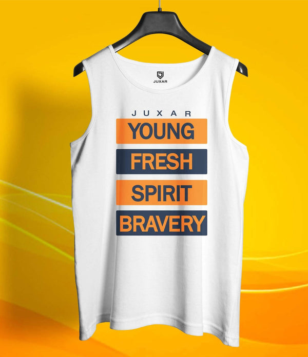 Juxar men's white casual street style tank with orange and navy text graphic design