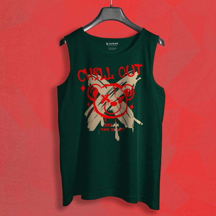 Juxar casual tank top for men in black with red and beige chill out bear graphic design