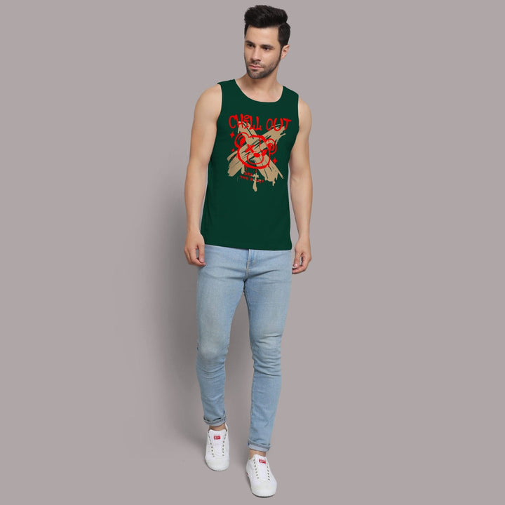 Juxar casual tank top for men in dark green with red graphic and light blue jeans