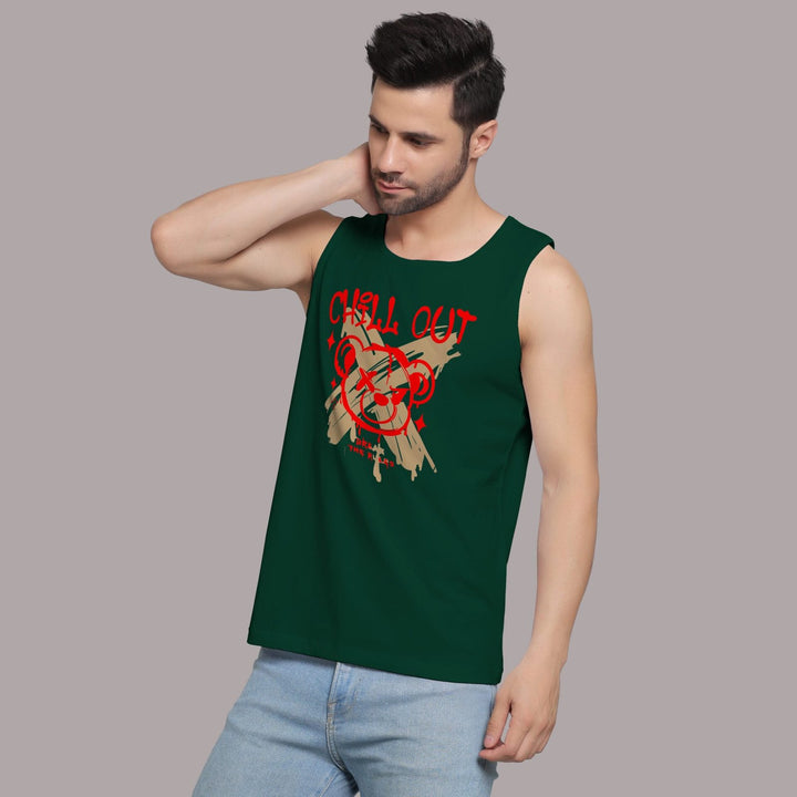 Juxar casual tank top for men in dark green with graphic bear and chill out text