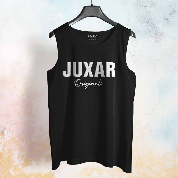 Black men's casual workout sando with JUXAR Originals logo on front hanging on black hanger