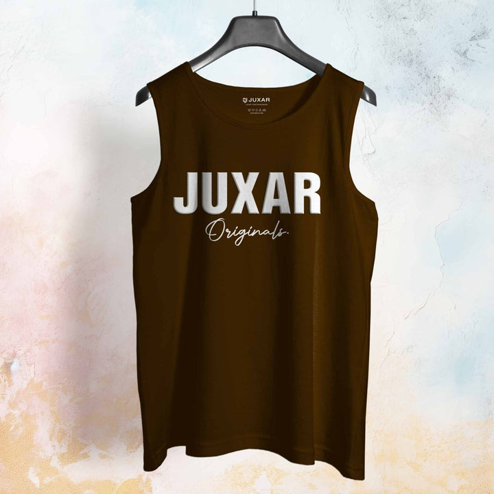 Mens brown casual workout sando sleeveless tank top with Juxar Originals logo printed on front