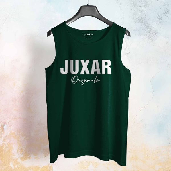 Men's green casual workout sando with Juxar Originals logo printed on the front