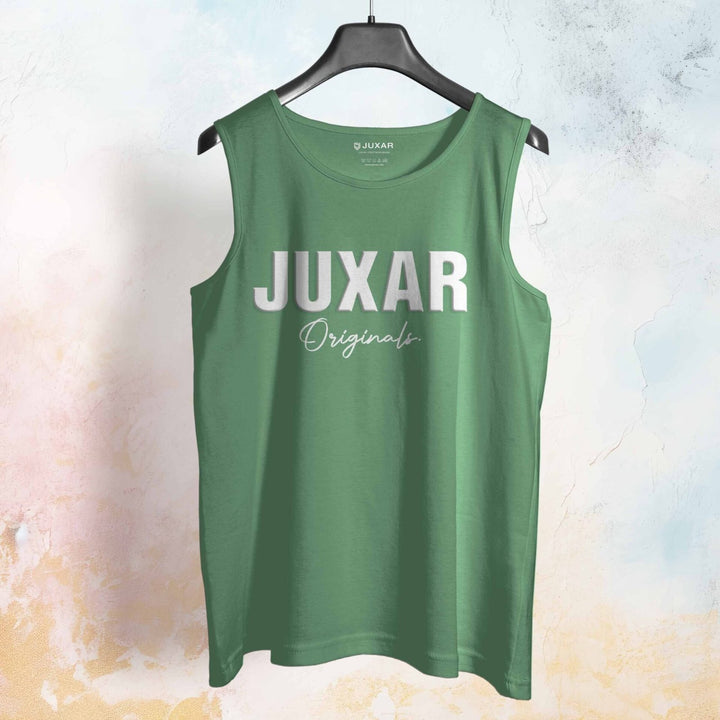 Green Juxar Originals casual workout sando for men hanging on black hanger