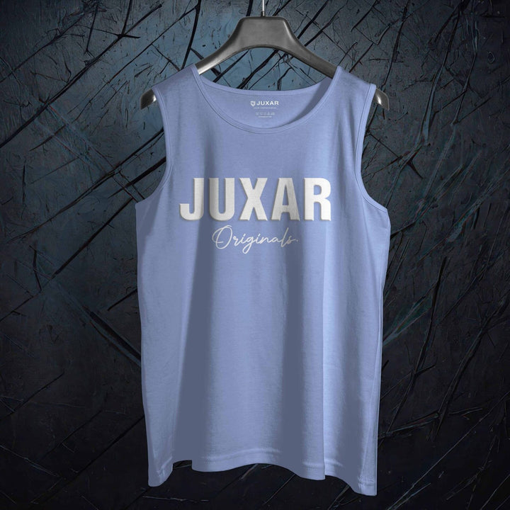 Light blue men's casual workout sando with JUXAR Originals logo on front hanging on black hanger