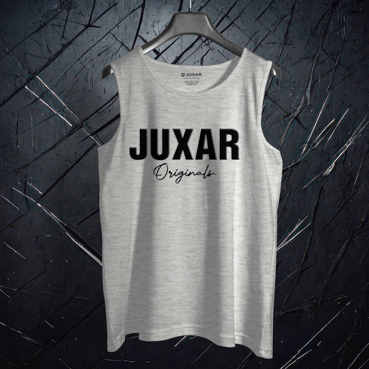 Men's gray casual workout sando with Juxar Originals logo on front hanging on black hanger