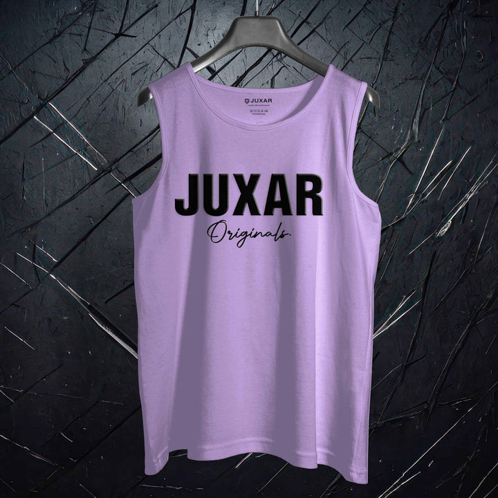 Men's lilac casual workout sando with Juxar Originals logo on front hanging on black hanger