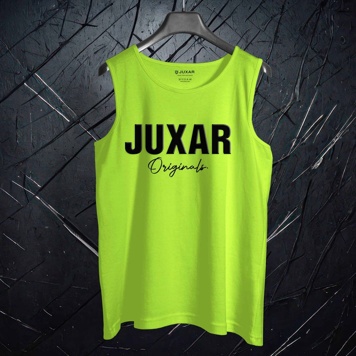 Bright green men's casual workout sando with Juxar Originals logo front sleeveless tank