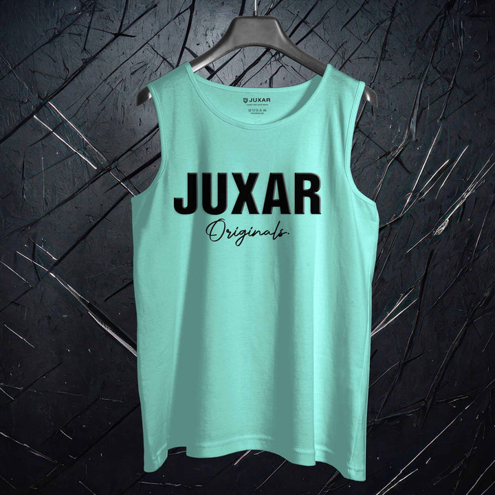 Mens light teal casual workout sando tank top with Juxar Originals logo on front
