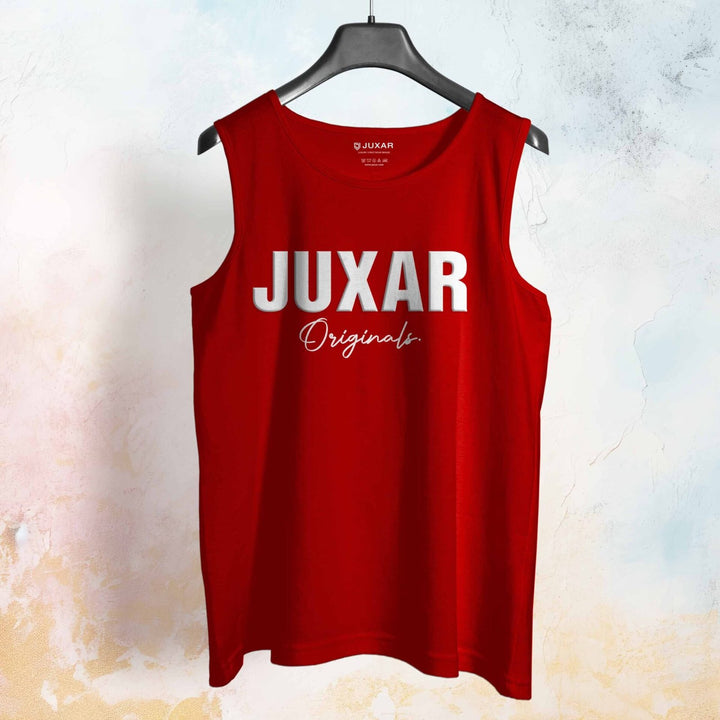 Red men's casual workout sando with JUXAR Originals logo printed on front