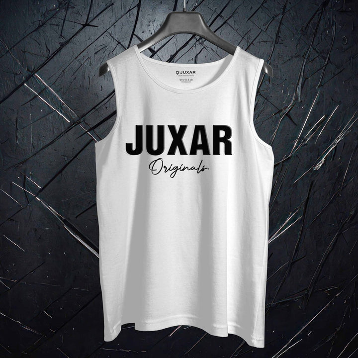 White men's casual workout sando with JUXAR Originals logo on front hanging on black hanger