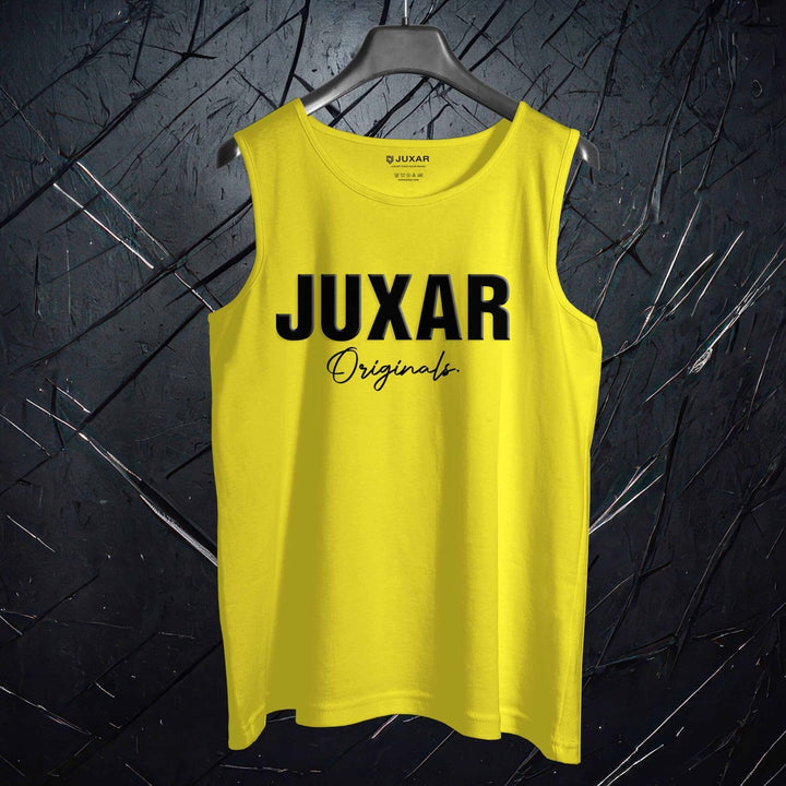Yellow men's casual workout sando with Juxar Originals black logo on front hanging on black hanger
