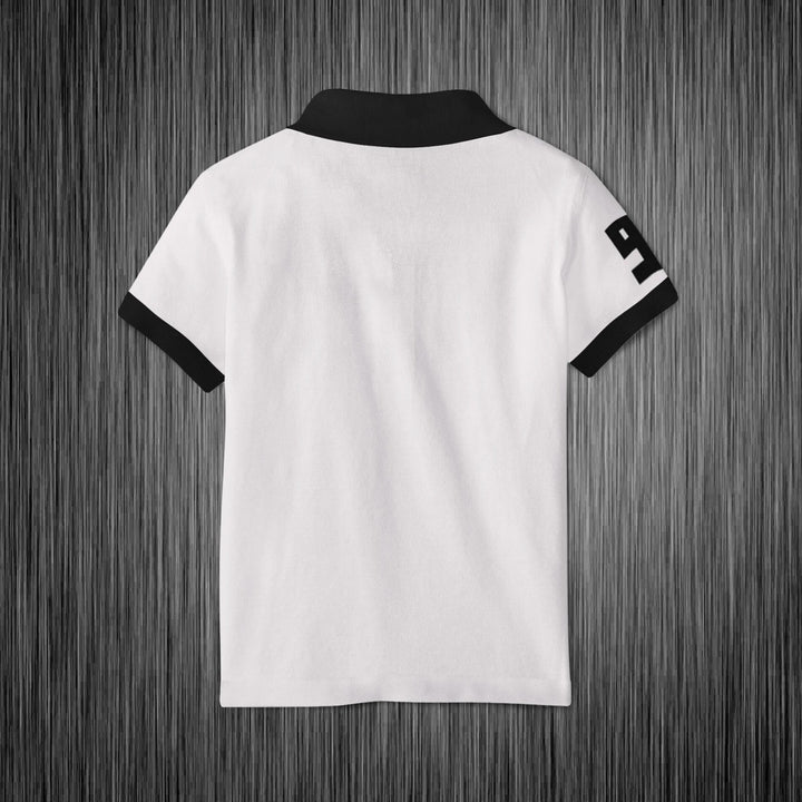 Juxar classic cotton polo t shirt white back view with black collar and sleeve cuffs number 9