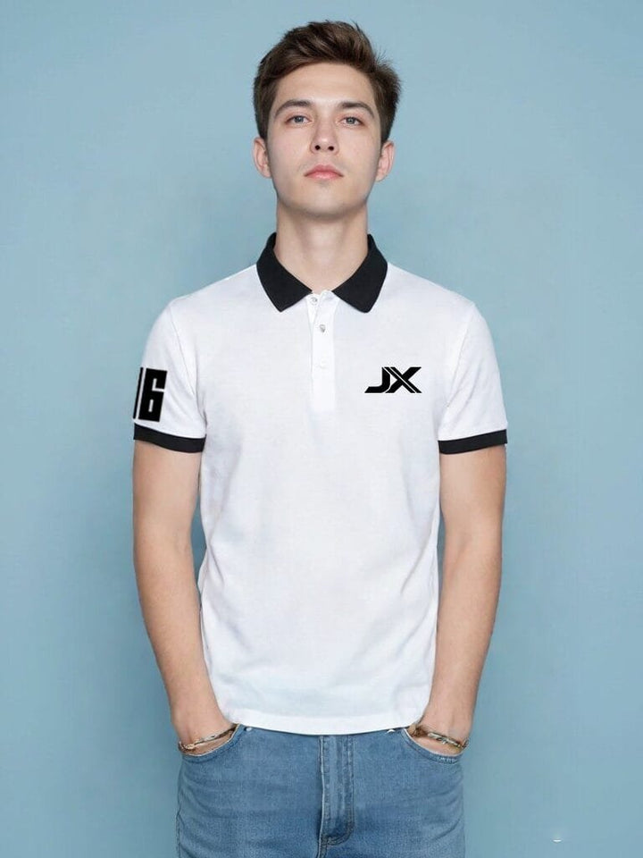 Juxar white short sleeve classic cotton polo t shirt with black collar and logo on chest