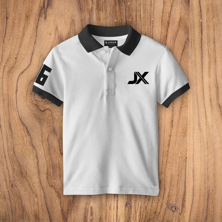 Juxar white classic cotton polo t shirt with black collar and cuff JX chest logo and sleeve number 6
