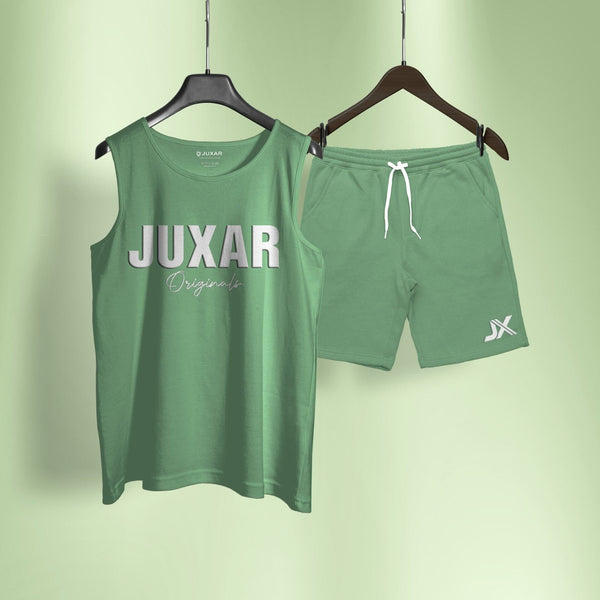 Juxar green tank top and shorts co-ord set for unisexual with white logo and drawstring