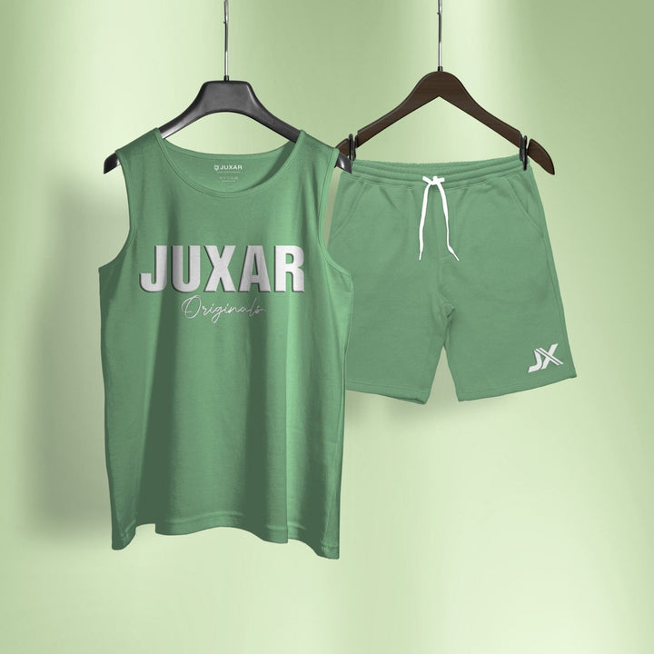 Juxar green tank top and shorts co-ord set for unisexual with white logo and drawstring