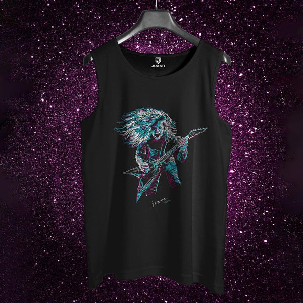 Juxar black college boys fashion vest with electric guitarist graphic print for men
