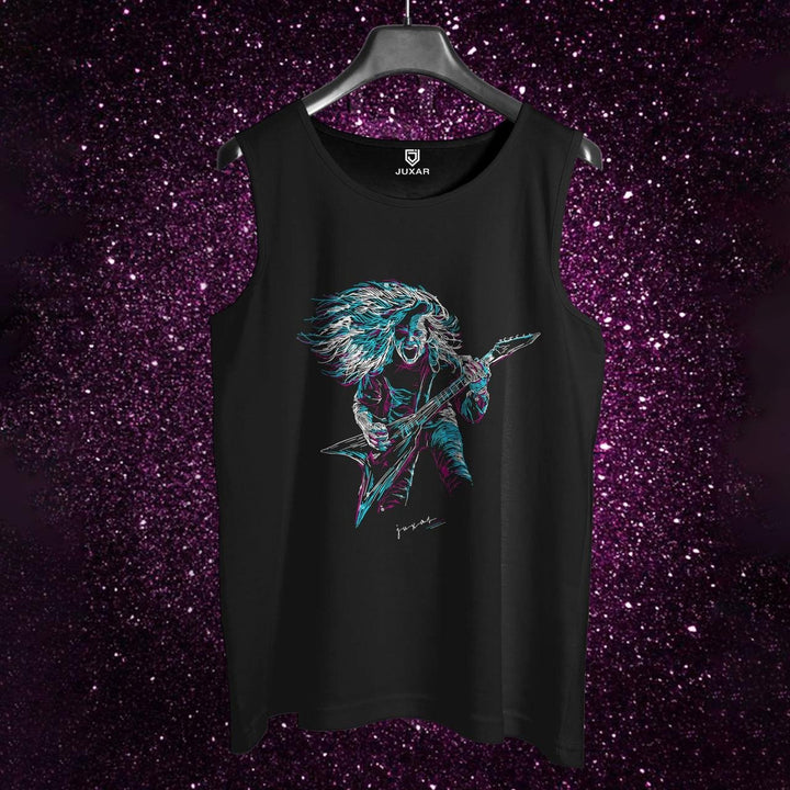 Juxar black college boys fashion vest with electric guitarist graphic print for men