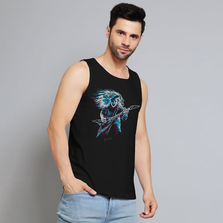 Juxar black sleeveless college boys fashion vest with graphic guitar design for men