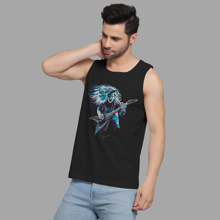 Juxar mens black college boys fashion vest with graphic guitar player design