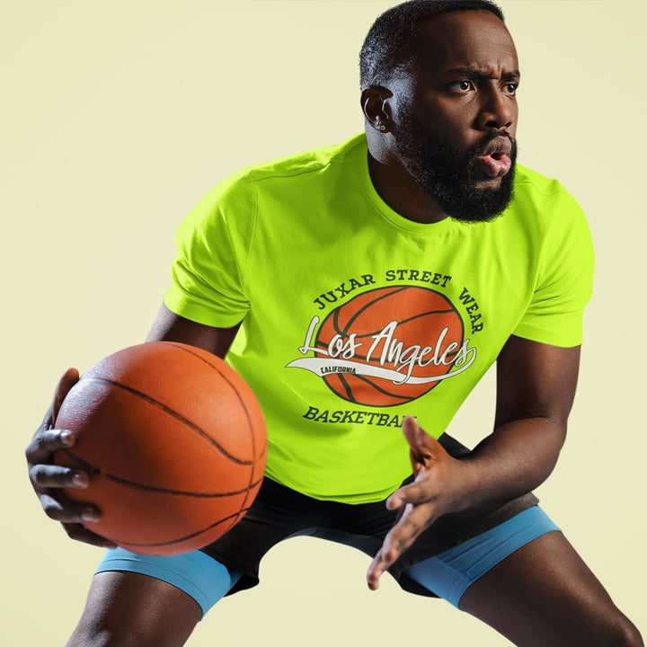 Juxar bright green combed cotton t shirt for smooth feel worn by basketball player holding ball