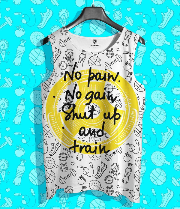 Juxar mens comfy sleeveless vest with motivational No pain No gain print and fitness icons