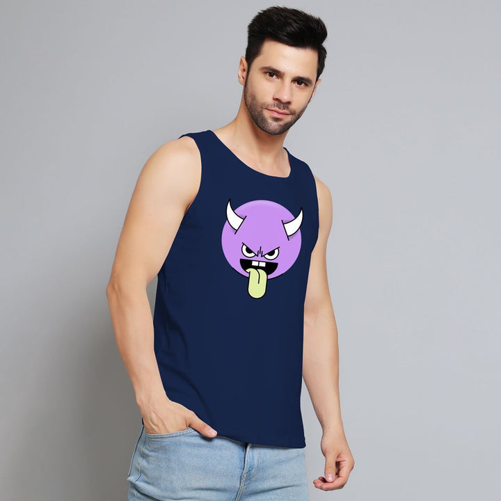 Mens navy sleeveless tank top with purple devil emoji graphic showcasing cool boy's fashion