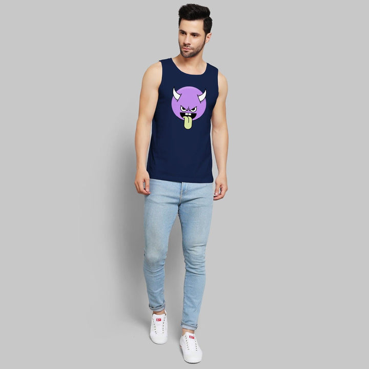 Juxar navy sleeveless tank top with purple devil face paired with light blue jeans for cool boy's fashion