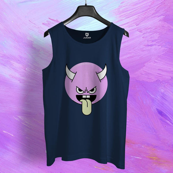 Juxar mens navy tank top with purple demon emoji graphic for cool boy's fashion