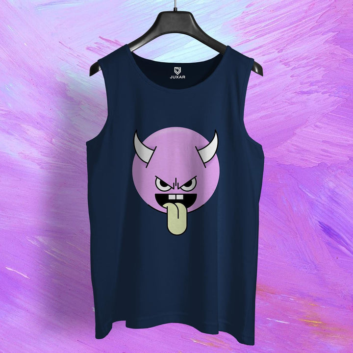 Juxar mens navy tank top with purple demon emoji graphic for cool boy's fashion
