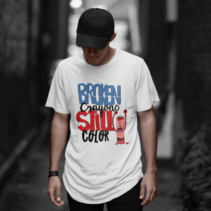 Juxar white cotton longline tee with Broken Crayons Still Color graphic on male model cool cotton longline t shirt for streetwear