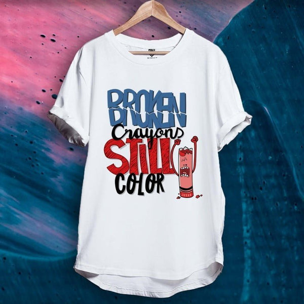 Juxar cool cotton longline t shirt for streetwear white tee with broken crayon graphic and bold text
