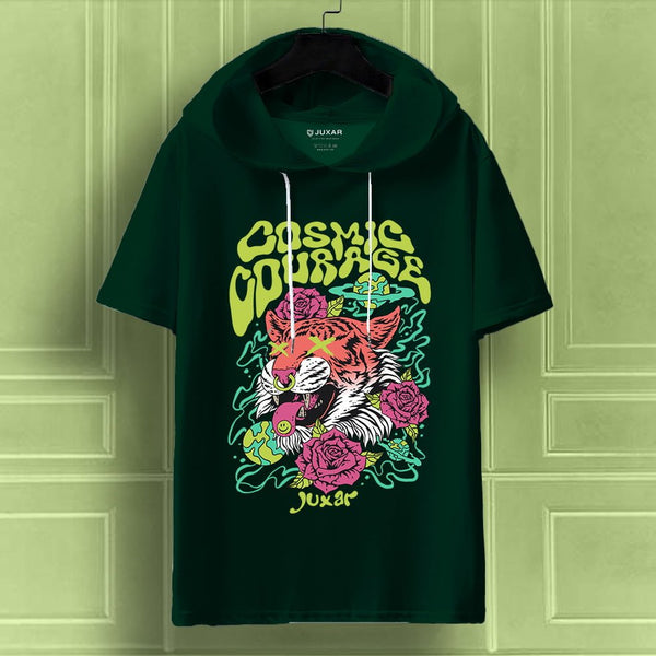 Juxar dark green cool oversized hooded t shirt with neon tiger and pink rose graphic reading Cosmic Courage