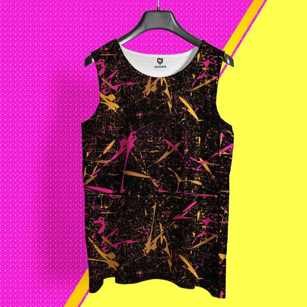 Juxar men's cool print sando with abstract black, orange, and pink paint splatter design