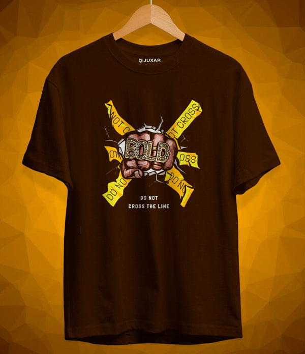 Juxar brown cotton graphic t shirt with bold fist and do not cross the line design