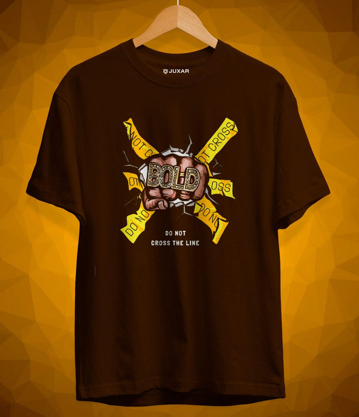 Juxar brown cotton graphic t shirt with bold fist and do not cross the line design